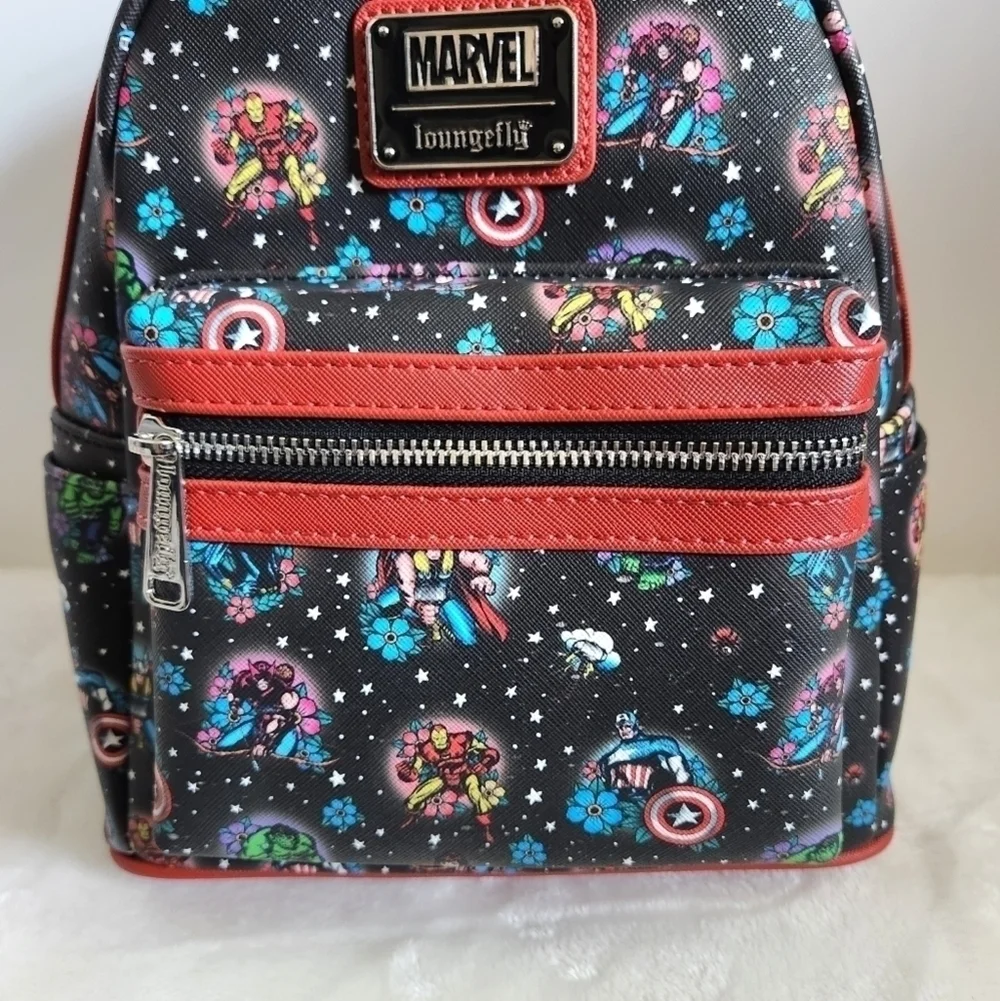 Loungefly Marvel Avengers Tattoo Floral Black Red Mini Backpack NWT